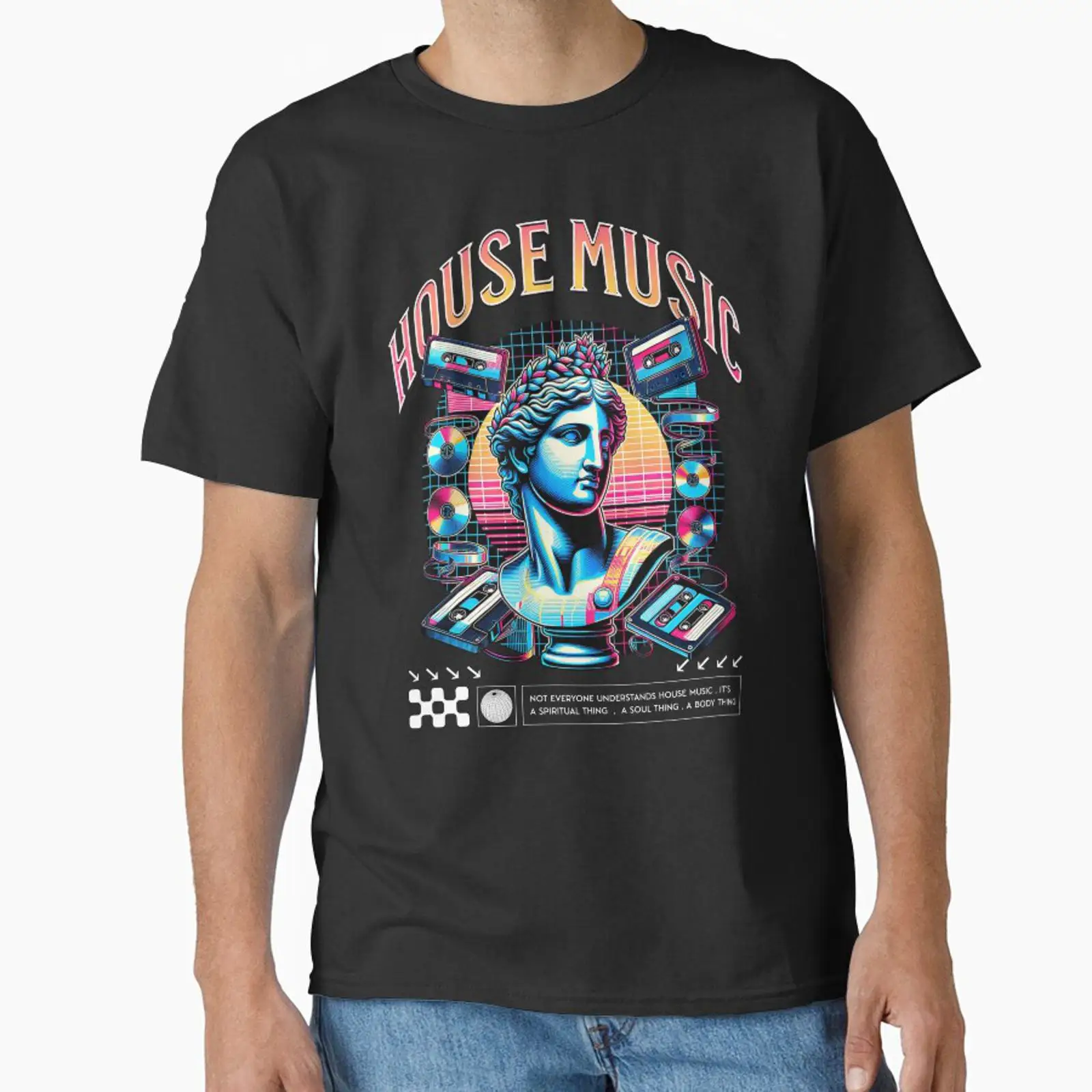 Audio House Music - ハウスミュージック像オーディオアイコンホワイトクラシックTシャツ ヴィンテージウォッシュトップ 日常着に最適 多用途で通気性のあるファッション