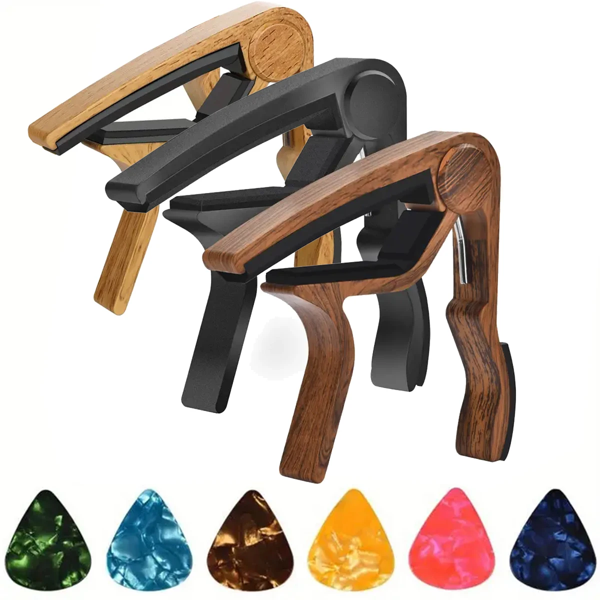 Guitar Capo Clip - 高品質亜鉛合金ギターカポ、セルロイドピック5枚付き（ランダムカラー） - アコースティック、エレクトリック、クラシック、ウクレレに適合